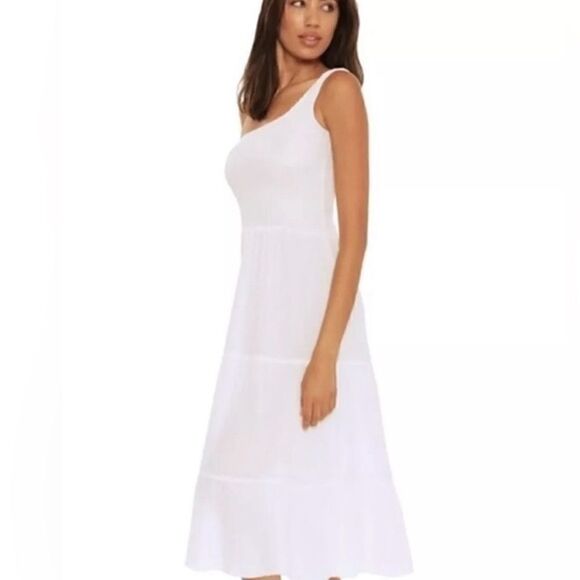 NWT BECCA Smocked Ponza One-Shoulder Flowy White Coverup Midi Dress - Picture 3 of 7